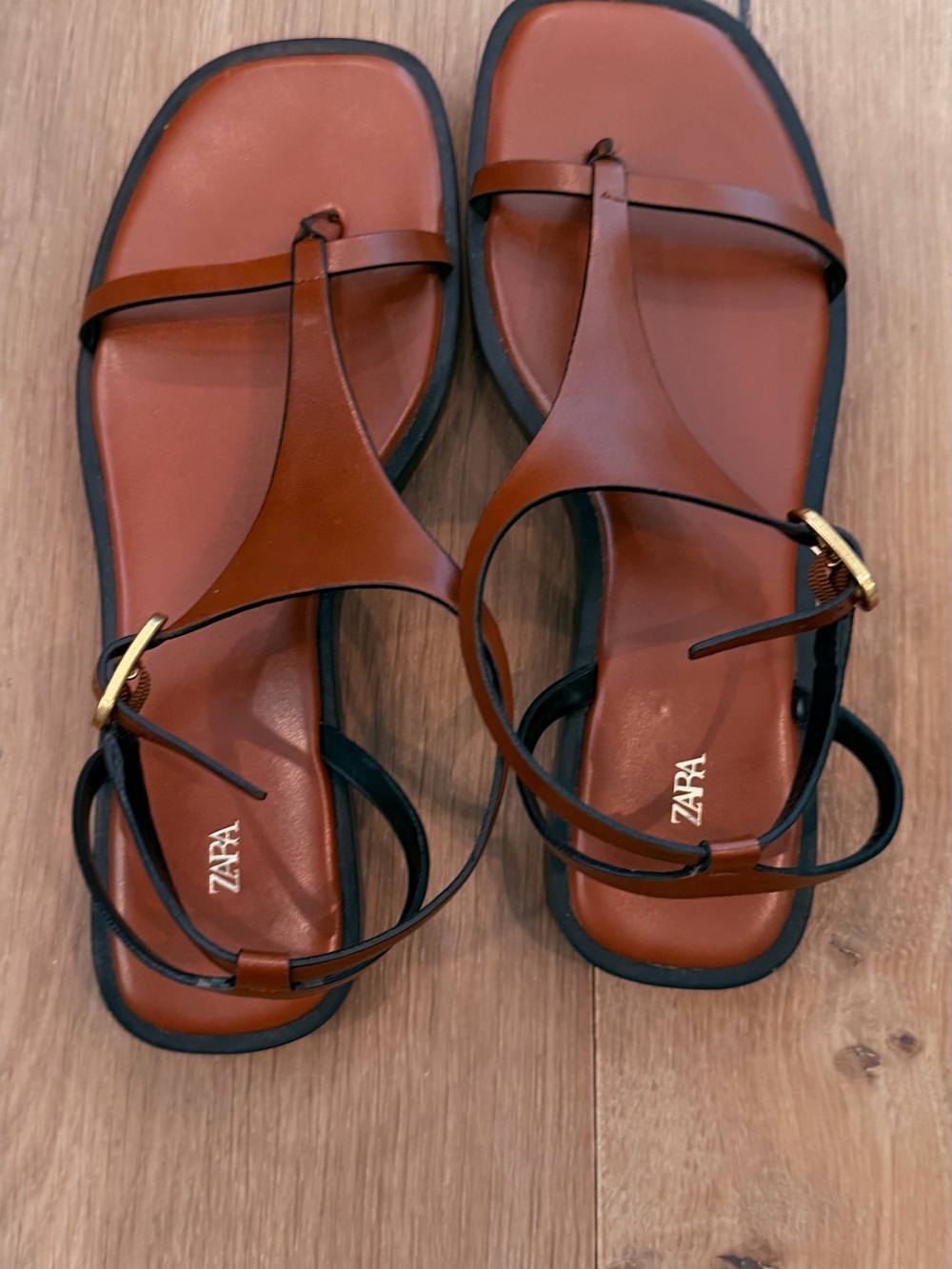 Zara Cognac Brown Leather T-Strap Flat Sandals with Gold Buckle. Worn once.